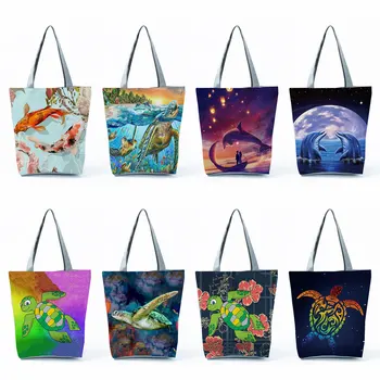 Eco Friendly Lady Shopper Bag Kabelka Sea Life Želva Delfín Tisk Tote Bag Pro Ženy Módní Školní Učitel Dárek Vysokou Kapacitou