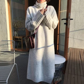 Elegantní Korean Šaty v Zimě 2022 Žena Cothing Ležérní Svetr Šaty pro Ženy Pletené Teplé Pevné Tlusté Rolák Vestido Dlouho