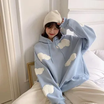 Korejský Módní Mikiny Ženy Modré Nebe a Bílé Mraky Vzor, Podzim Žen Mikina Kawaii Y2k Preppy Street Wear 후드티