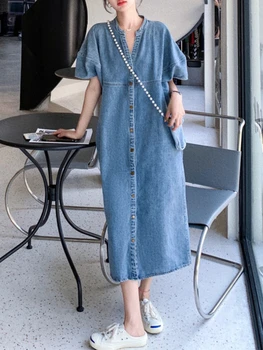 Letní Šaty Ženy 2023 Džínové Modré Šaty Vintage Ženy Módní Korejský Ležérní Oblečení, Oděv