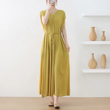 Maxi Šaty pro Ženy Letní 2024 Dlouhé Bavlněné Elegantní Vintage Dámy Šaty Korean Ležérní V Krku Skládaný Ženy Šaty Vestidos