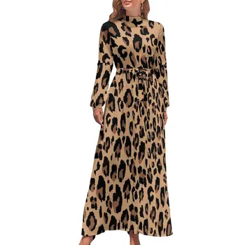 Retro Leopard Šaty Vysokým Pasem Džungle Zvíře Tisk Grafické Plážové Šaty Dlouhý Rukáv Ulici Nosit Dlouhé Maxi Šaty Elegantní Vestido