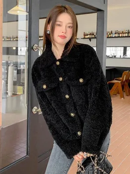 Černé Elegantní Umělé Jehněčí Vlna Kabát Ženy Korejské Nadrozměrných Fleece Jacket Podzim Zima Elegantní Vintage Velvet Volné Svrchní Oblečení Topy