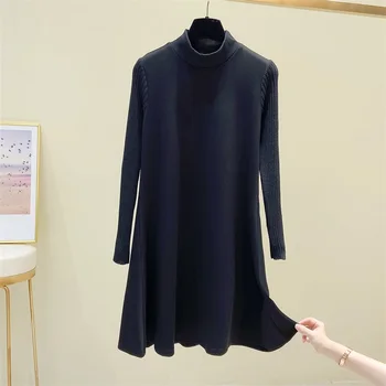Černý Pletený Rolák Korean Módní Roztomilý Ležérní Dámské Elegantní Šaty Podzim Pro Ženy 2022