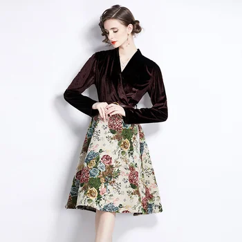 Ženský Samet Patchwork Žakárové Falešné Dva Kus Šaty Podzim Zima Elegantní A Luxusní Dlouhé Šaty 2023 Korean Vintage Večerní Šaty