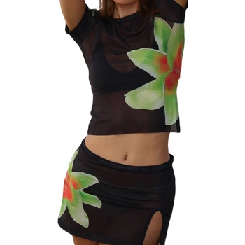 Ženy Y2K 2ks Kongescí Letní Květinové Tisk Oblečení Sada Sheer Mesh Krátký Rukáv T-košile a Mini Sukně Streetwear